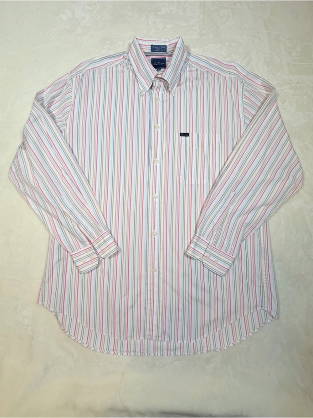 Façonnable White Pink Blue Beige Striped Cotton Button-Down Shirt Men's Size L‎